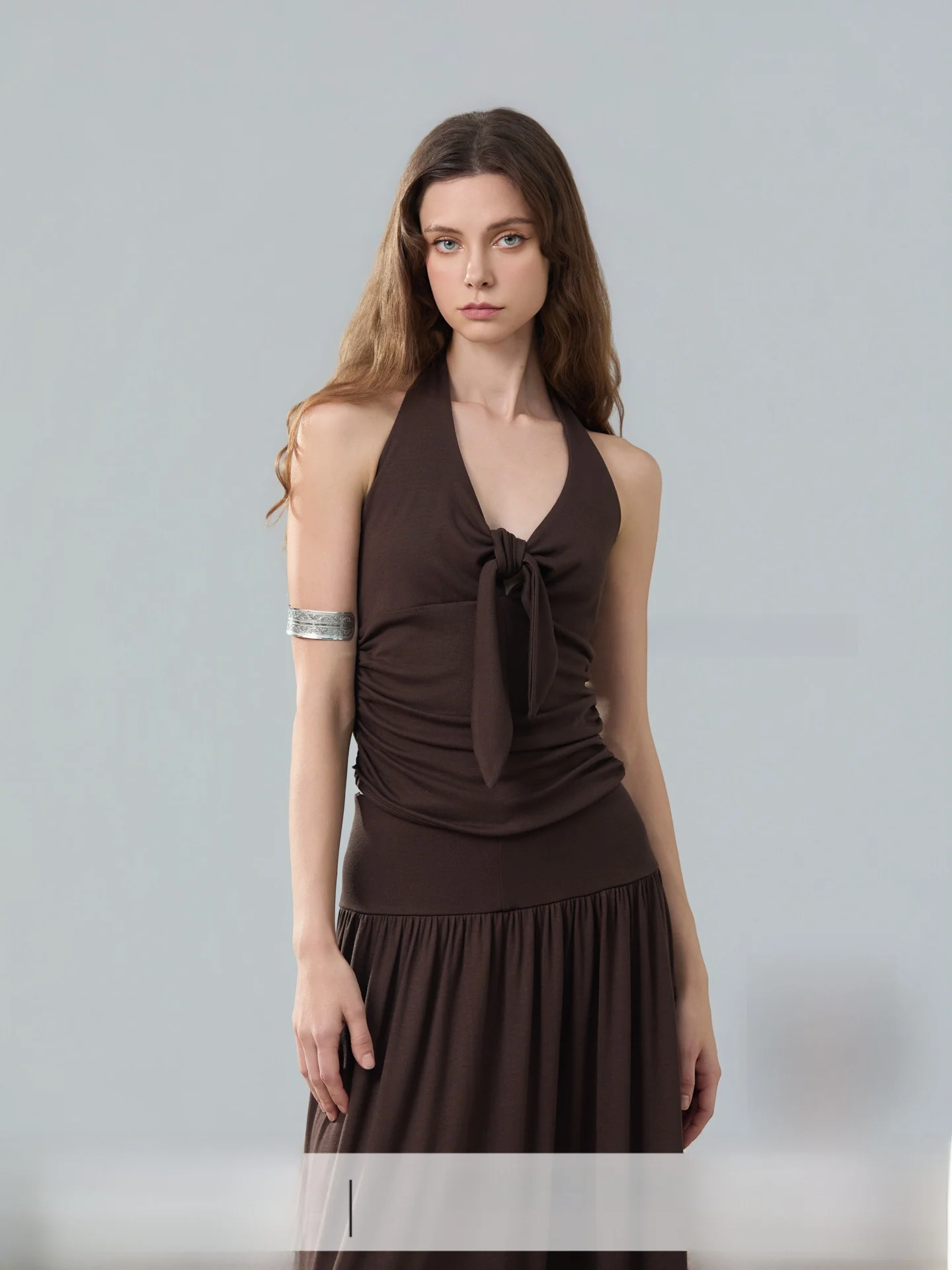 

You Me And Her Original Design Shoulder Bared Knot Neck Hanging Coffee Color Slimming Vest Women's Fashion Spring Party Wear