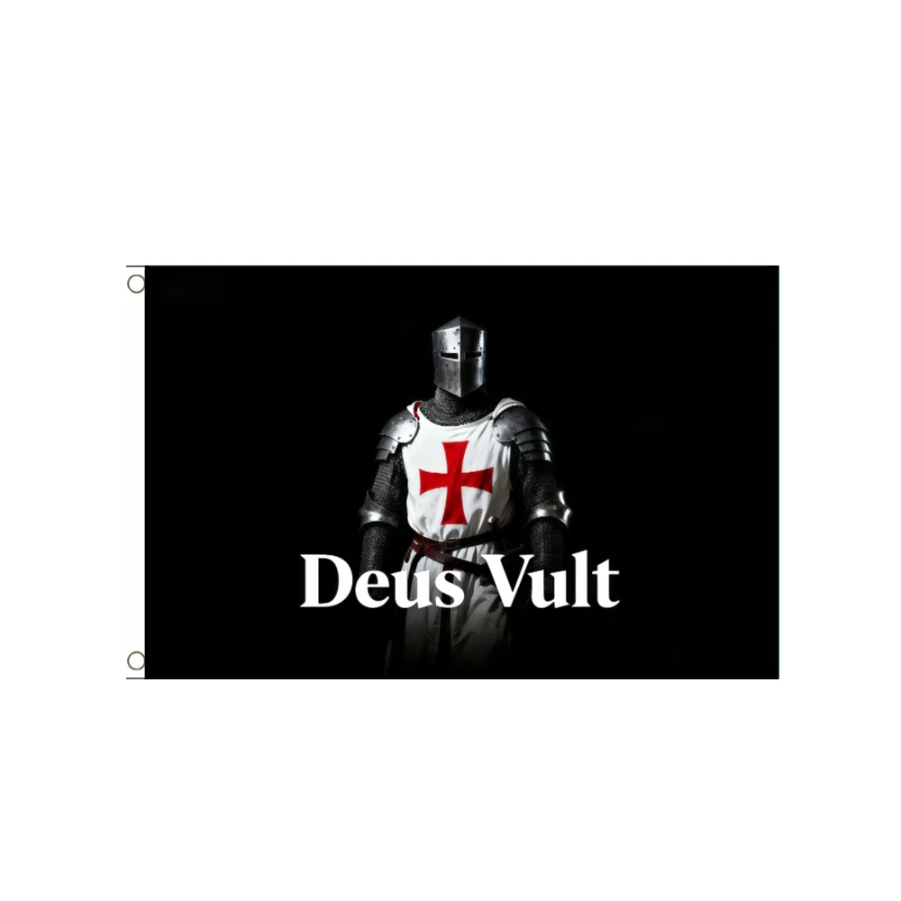 Bandera de los Caballeros Templarios Deus Vult 2x3 pies 3x5 pies, Estandarte Medieval de Caballero Cruzado con Cruz Roja, Decoración de Pared de Poliéster Negro para Man Cave