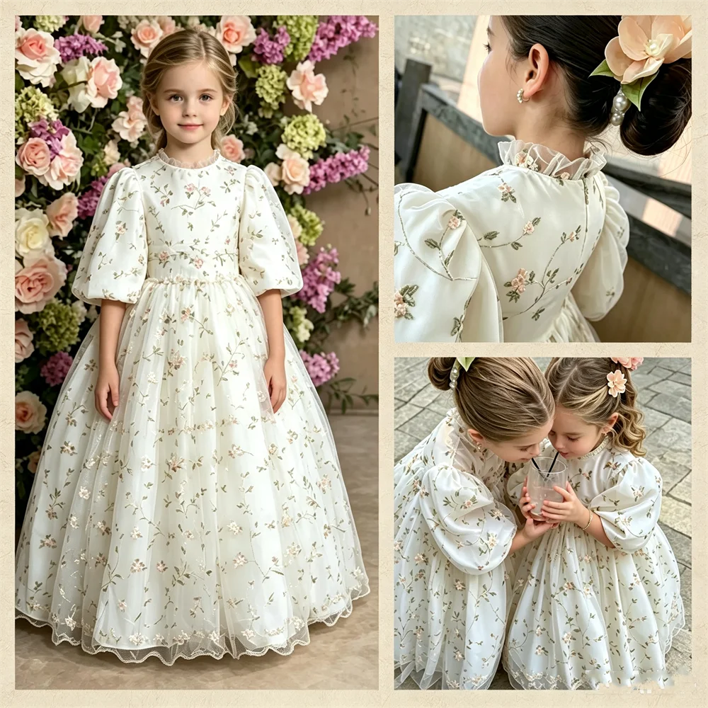 New Embroidery 2026 Puffy Balloon Sleeve Tulle Flower Girl Dress Piano Performance Party Birthday Girl Dresses