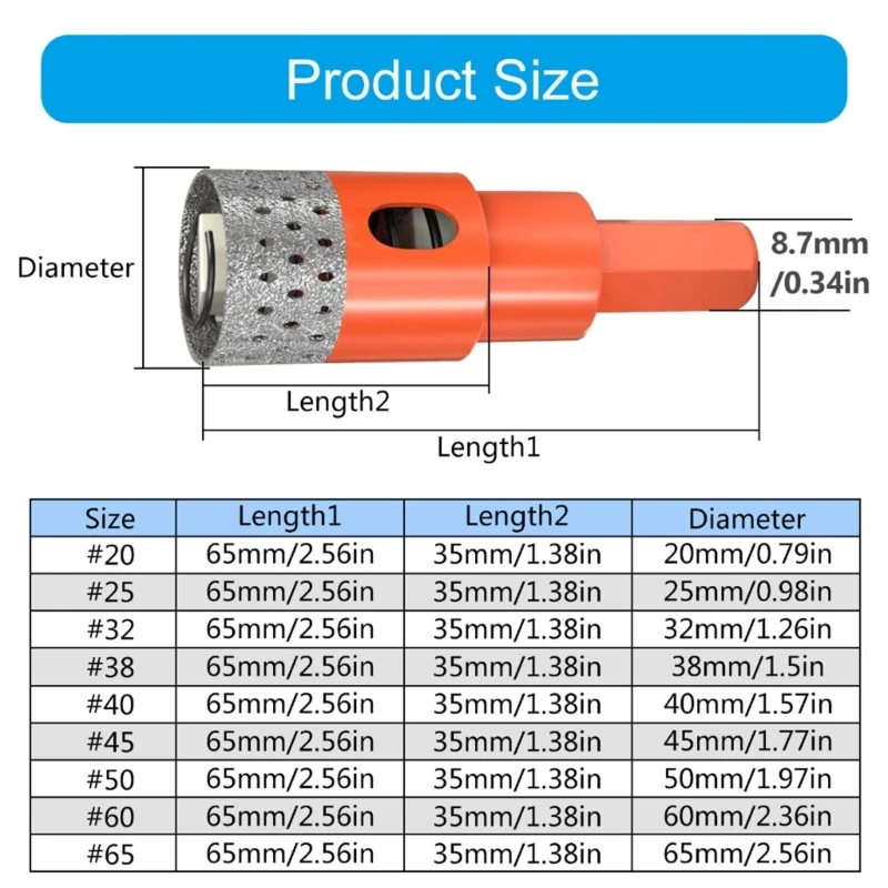 A2UD Brazed Diamonds Core Drilling Bit Hole Saw Ceramic Tile Granites Marble Hole Opener Tool 20-65mm Dry Drill Bit