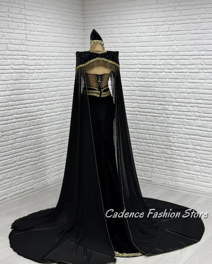 Preciosos vestidos de fiesta tradicionales negros personalizados, chal de tubo, vestido de noche árabe con cuentas de lujo para mujer, caftán