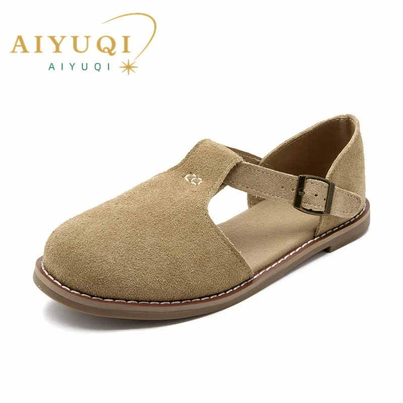 AIYUQI flat-soled retro frosted genuine leather women\'s sandals 2024 new hollow women\'s shoes Roman Baotou sandals for women