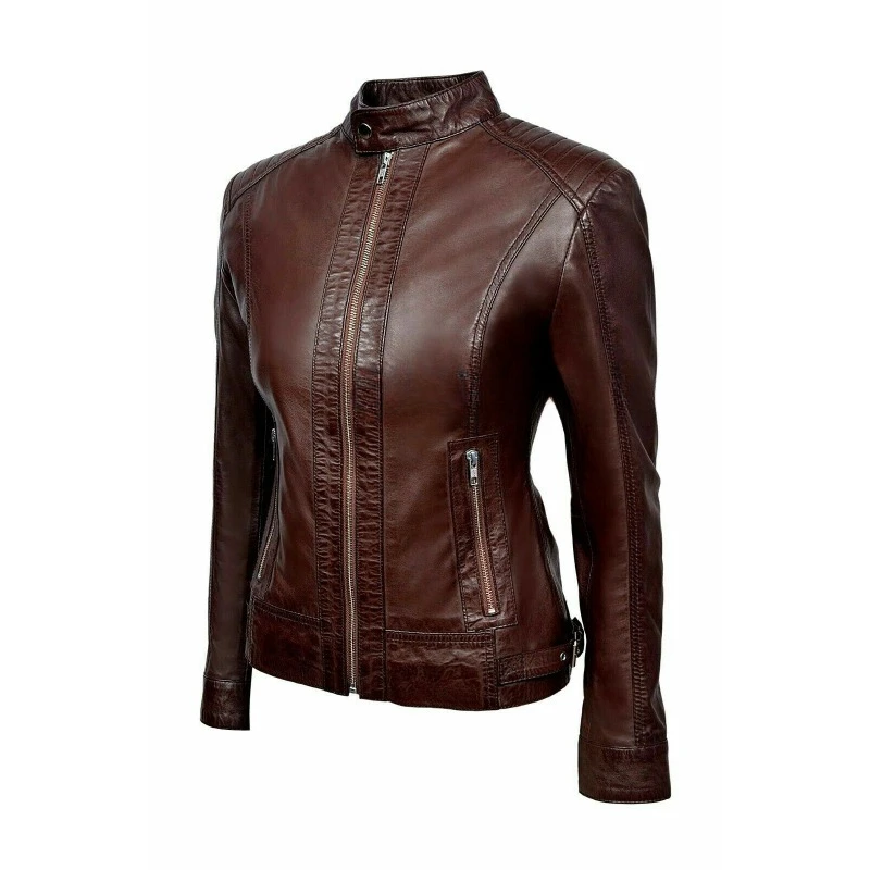 NEW Style Women Dark Brown Authentic Lambskin Pure Leather Jacket Biker Zip Coat