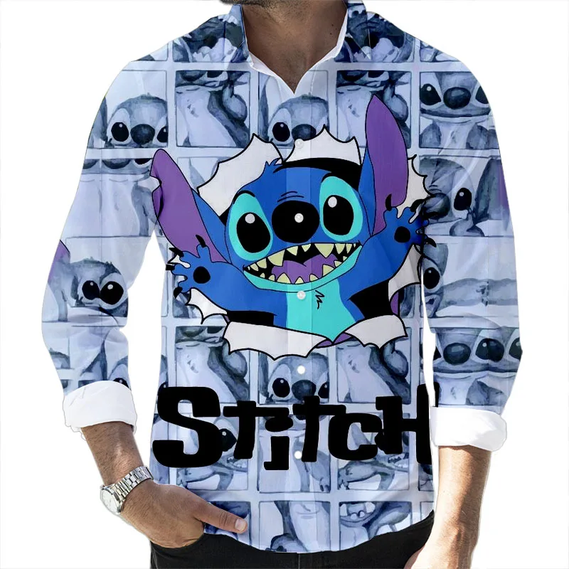 Lilo and Stitch Cartoon 2024 Spring Harajuku New Fashion Casual 3D Printed Long Sleeve Lapel Shirt Slim Men's Top