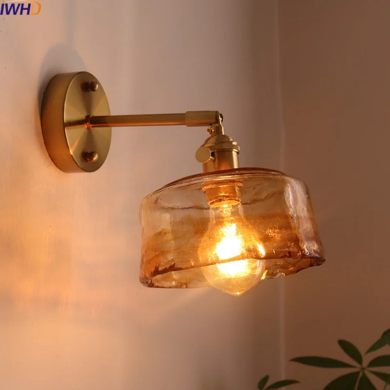 

IWHD Amber Glass LED Wall Light Fixtures Home Decor Restaurant Living Room Bedside Lamp Copper Modern Style Luminaria De Parede