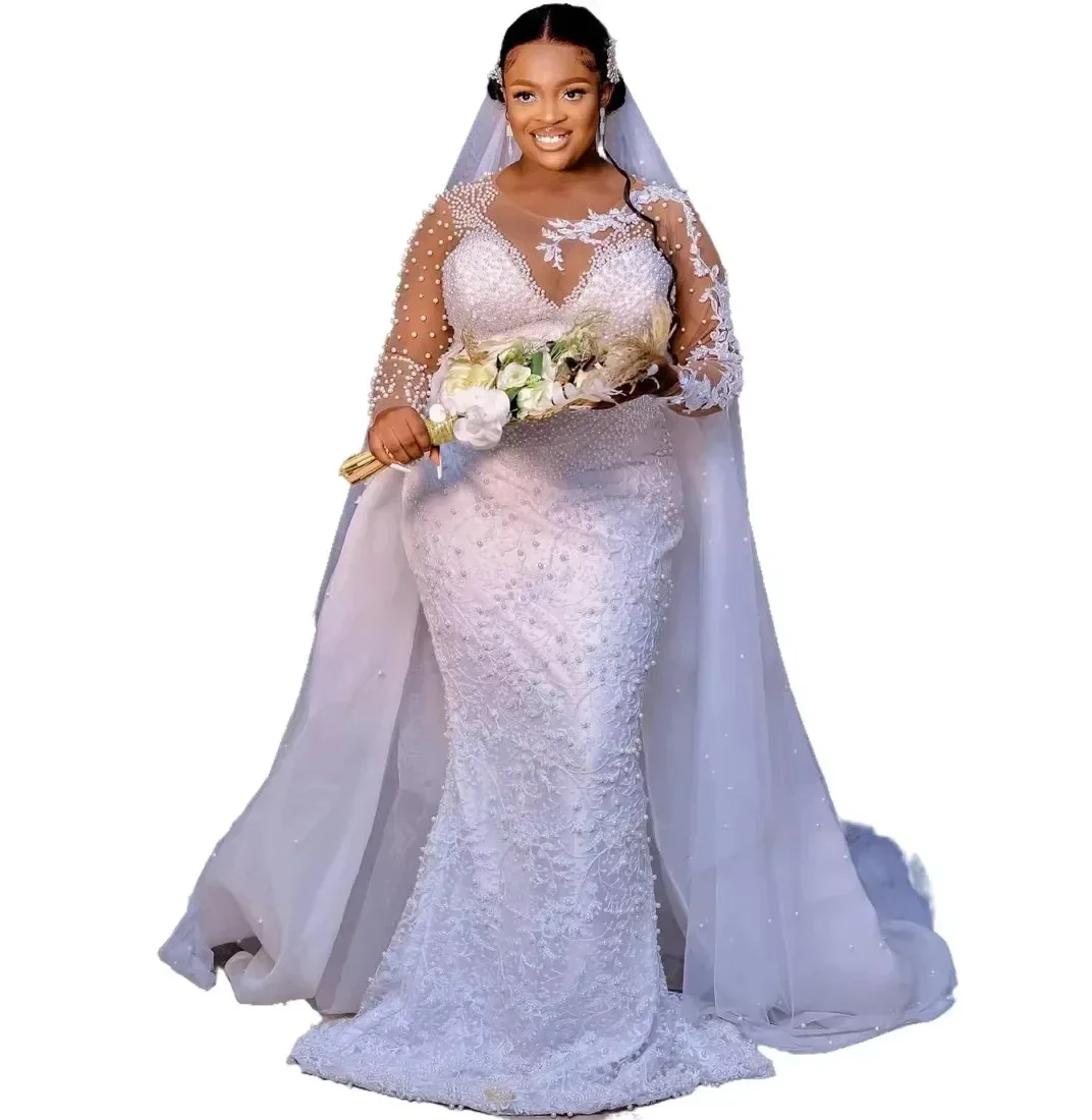 カスタマイズされた手仕事パールアップリケマーメイドアラビア麻生エビのウェディングドレス花嫁のための長袖取り外し可能なブライダルドレス