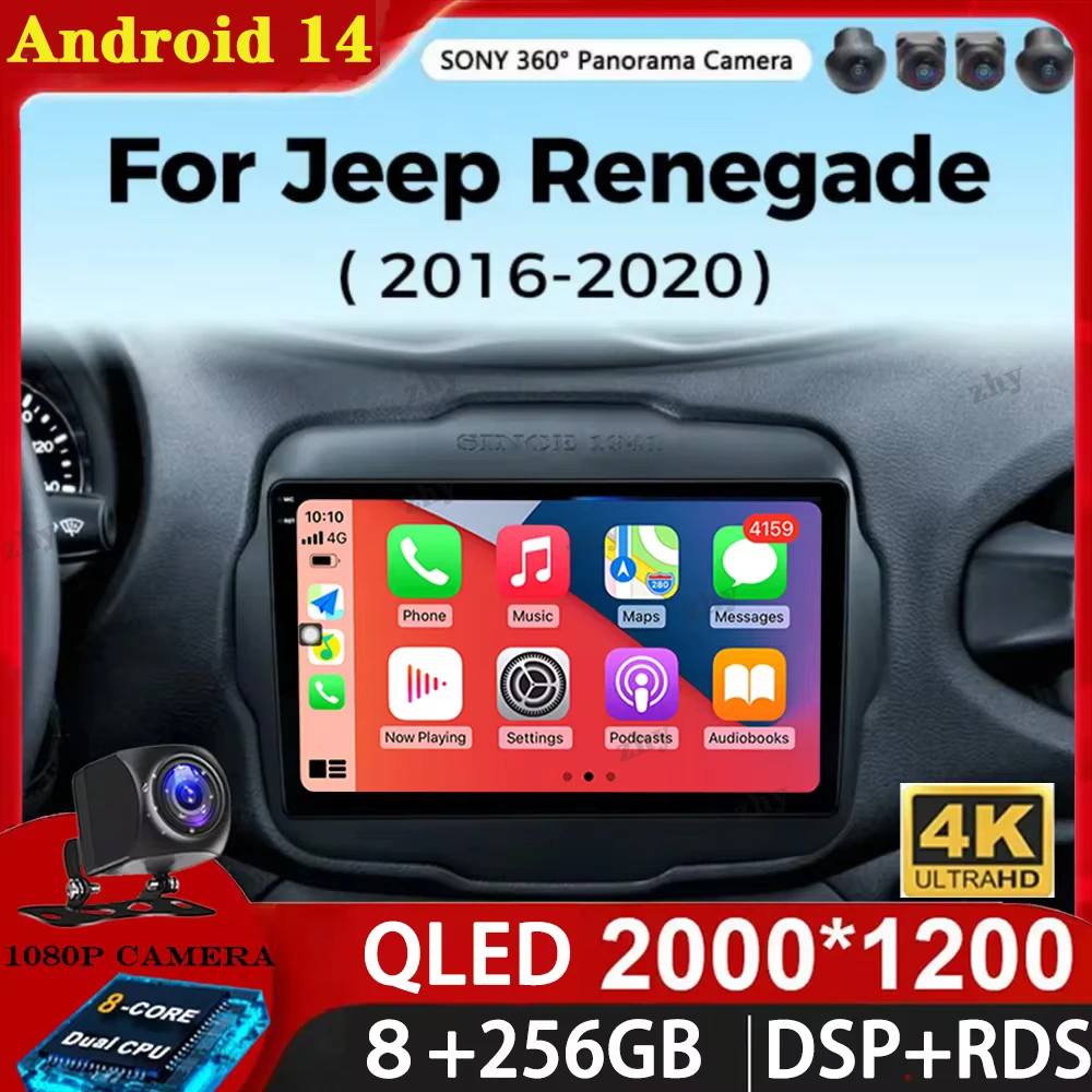 Android 14 Multimedia Player For Jeep Renegade 2016-2020 Carplay Android Auto Car Radio Stereo 4G Wifi 360 camera head unit DVD