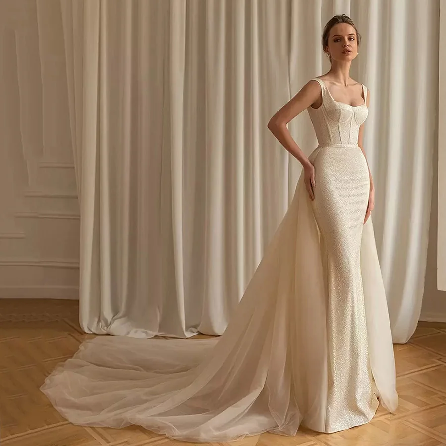 

Customized Exquisite Wedding Dresses Square Neck Detachable Train Bride Gown Trumpet Dress Sexy Backless vestidos de novia