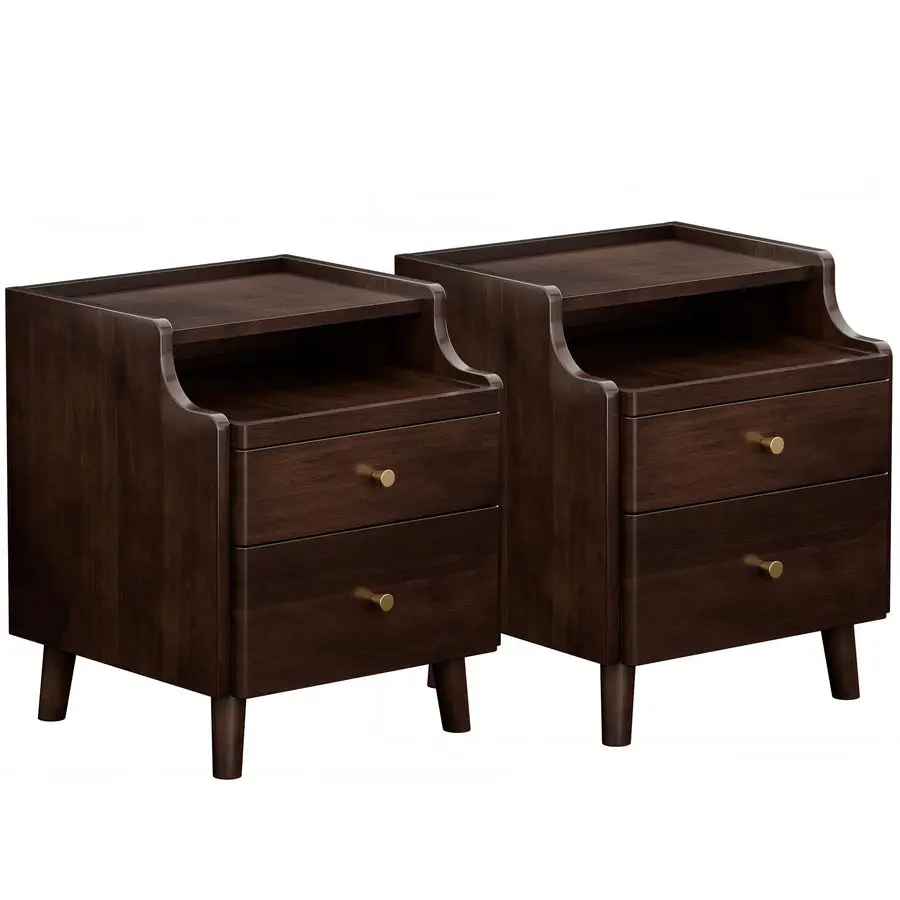 

Narrow Nightstand with Drawers Set 2, PreAssembled Solid Wood Small Skinny Night Stand with Open Sliding Shelf Slim Bedside Tab