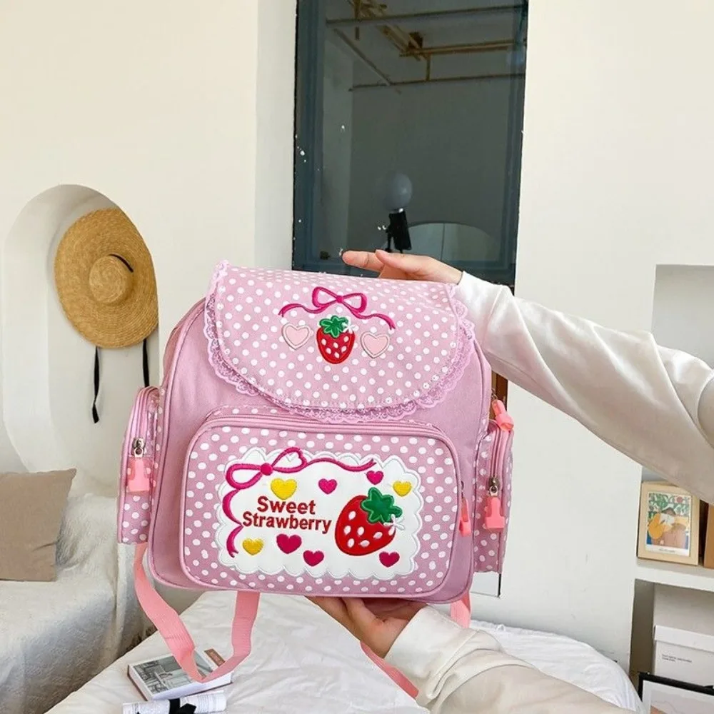 

Gentle Sweet Student Preppy Style Fashion Backpacks Embroidery Fruit Women's Handbags Strawberry Print Casual Lace Luggage Bags