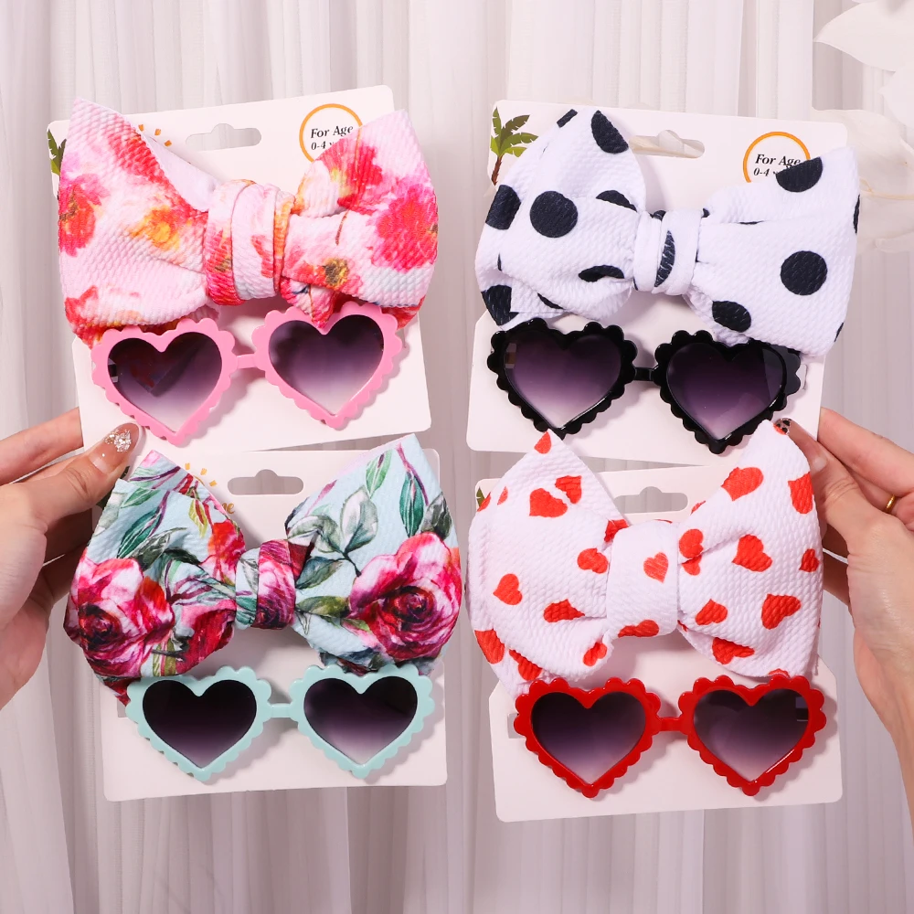 2Pcs/Set Summer New Solid Color Bows Headband For Kids Girls Boys Sunglasses Cool Heart Shape Glasses Headwear Hair Accessories