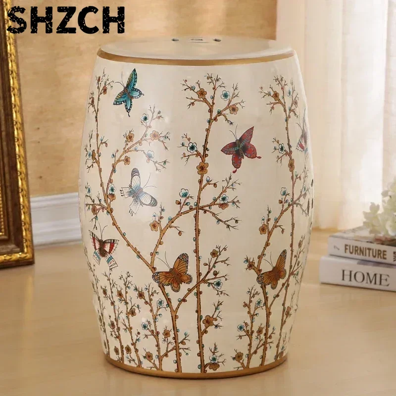 Ceramic Vanity Stool Shoe Stool  Flower Bird Drum Stool Porcelain Pier Embroidered Ottoman Home Decoration H45X28cm