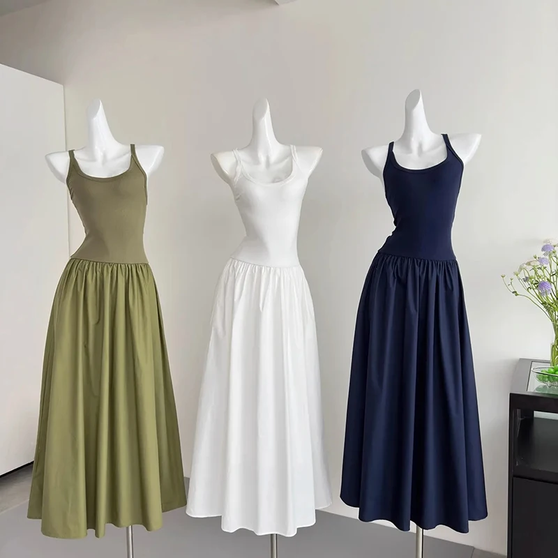ฤดูร้อน Hepburn สไตล์ Camis ชุดผู้หญิงเกาหลีเซ็กซี่ U คอ Midi ชุด Y2K เอวสูง Patchwork Night Party Vestidos