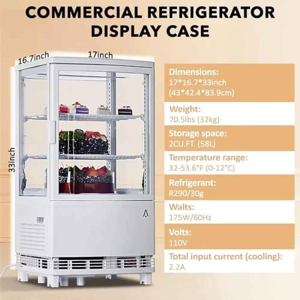 Commerciële gekoelde vitrine Gebakkoelkast Glazen deur Verstelbare planken LED-verlichting ETL-gecertificeerd 2,1 Cu.Ft 175W