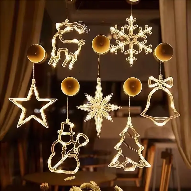 1PC Christmas Window Lights Suction Cup Battery Operated Warm White Santa Reindeer Snowflake Glass Door Window Decor