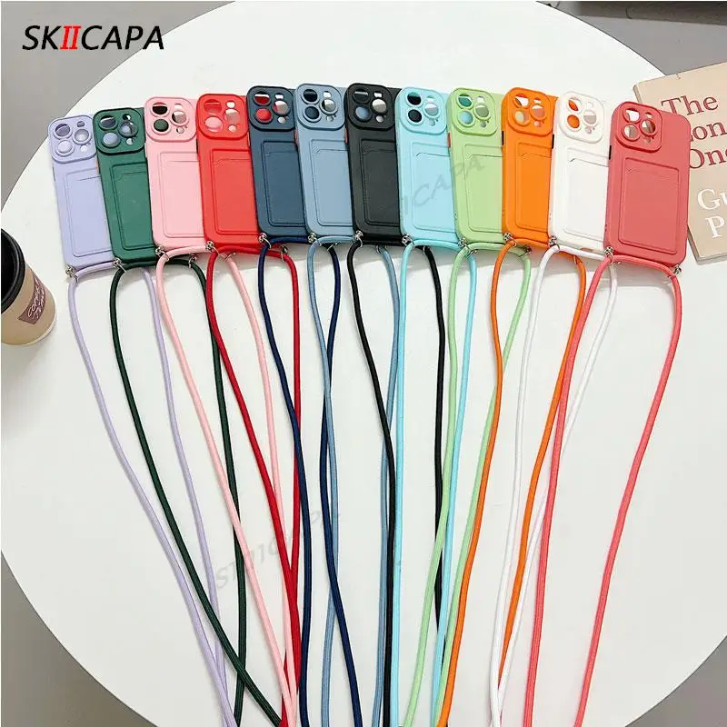 فتحة للبطاقات محفظة الحبل جراب هاتف ل oppo A98 A1 5G A58 A78 A17 A57 A77 A96 A95 Crossbody Nacklace سلسلة ماتي غطاء سيليكون