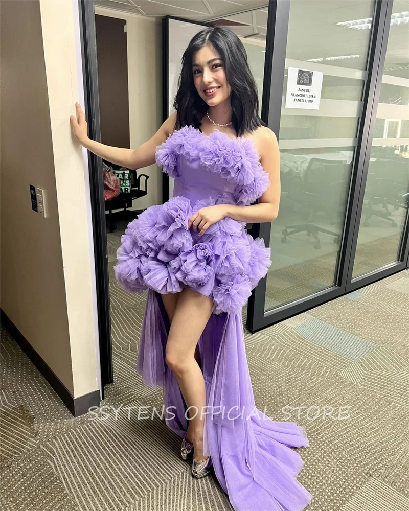 Sexy Purple Party Dresses Short Ball Gowns Pleats Ruffles Strapless Mini Evening Gowns Prom Club Night Special Occasion Dress