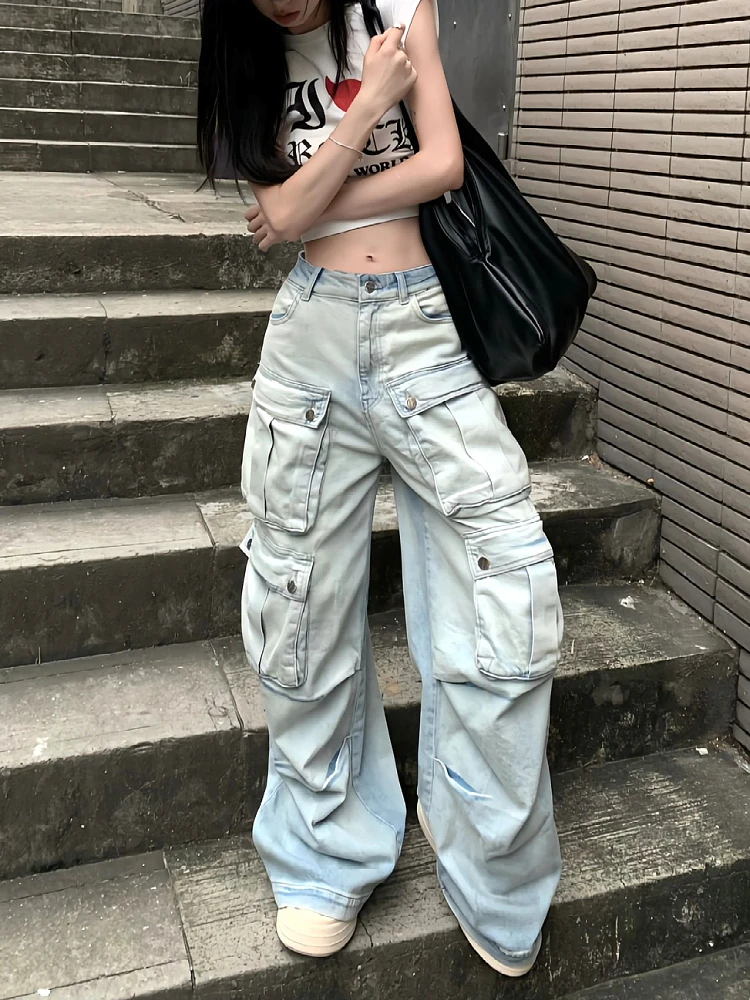 

Women American Vintage Y2K Cyber Punk Kpop Multi-Pocket Low Rise Cargo Denim Pants Baggy Jeans Grunge 2000s Gyaru Dark Academia