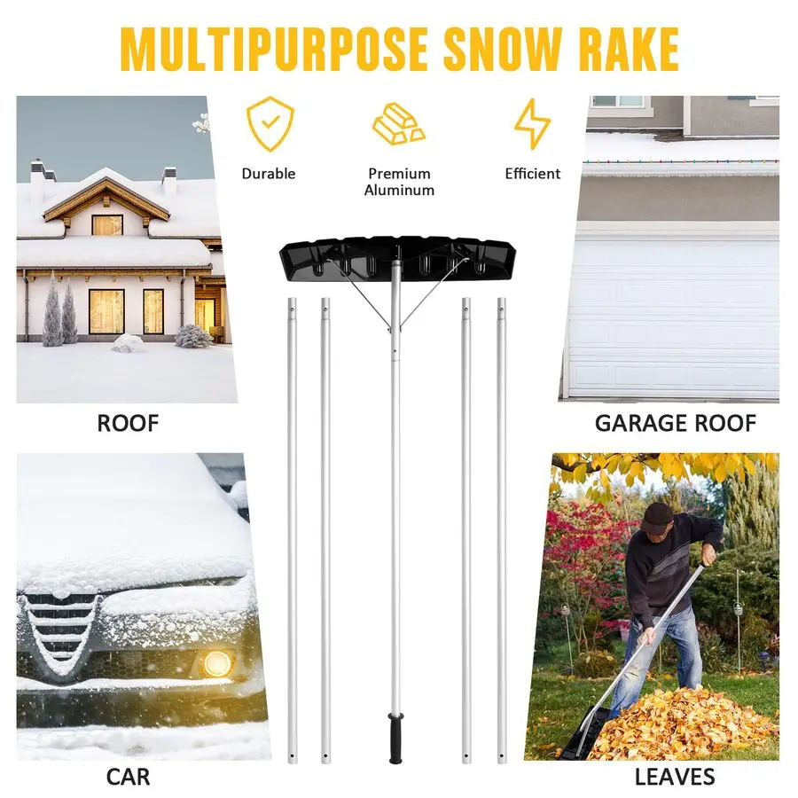 Snow Roof Rake Snow Removal Tool with 5 Section Tubes 25 Inch Blade Adjustable 4.820 ft Reach Aluminum Shovel Rugged Slide for S