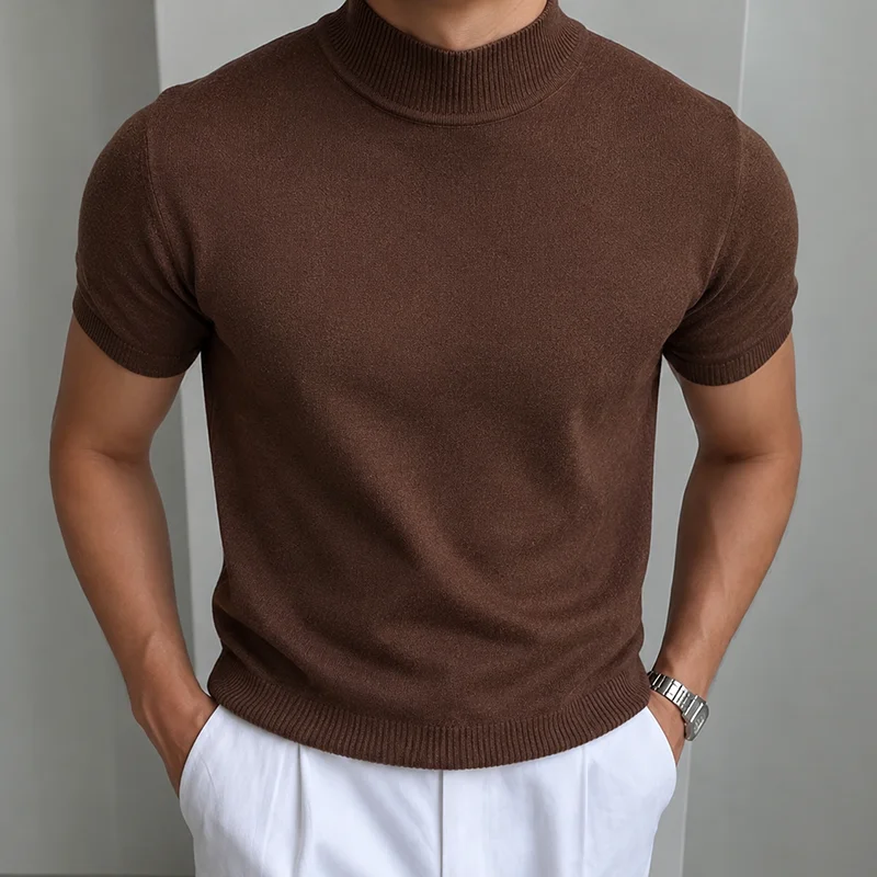 Herren Casual Einfaches Strick-T-Shirt Halbhoher Kragen Weicher Komfort Modisch Einfarbiges Strick-Kurzarm-T-Shirt Mock Neck Pullover – Detail 24