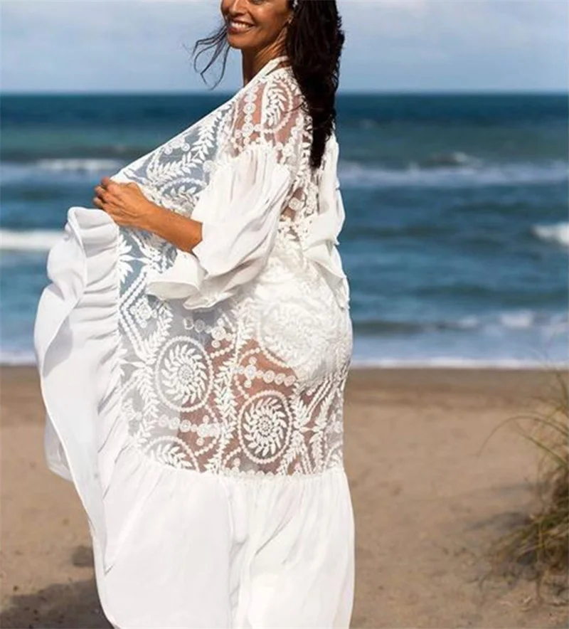 Vestido playero largo de encaje para mujer, traje de baño Sexy de gasa para cubrir Bikini, cárdigan, bata de salón, camisa de protección solar para vacaciones, Blusa