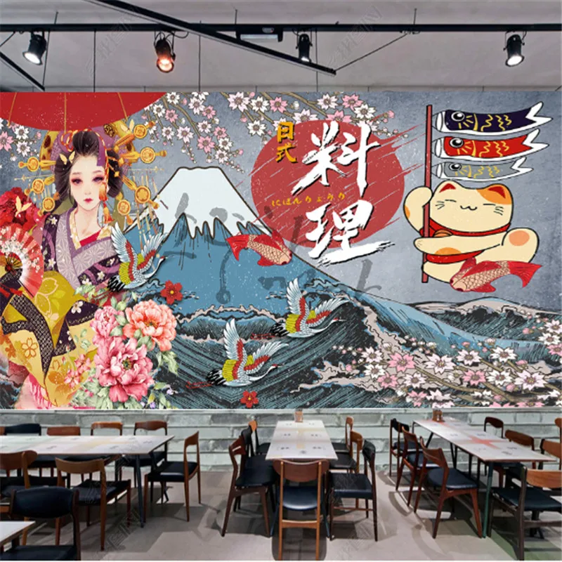 Custom Japanese Cuisine Ukiyo-e Geisha Wall Papers Mural Beauty Sushi Restaurant Background 3D Wallpaper Industrial Decor