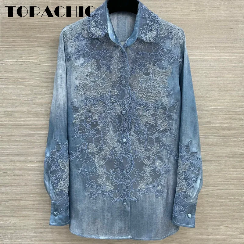 7.25 TOPACHIC-Women\'s Three-Dimensional Sheer Mesh Embroidered Silk Blouse Elegant Lapel Long Sleeve Blue Female Shirt