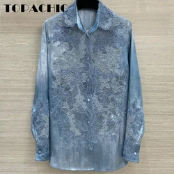 7.25 TOPACHIC-Women's Three-Dimensional Sheer Mesh Embroidered Silk Blouse Elegant Lapel Long Sleeve Blue Female Shirt