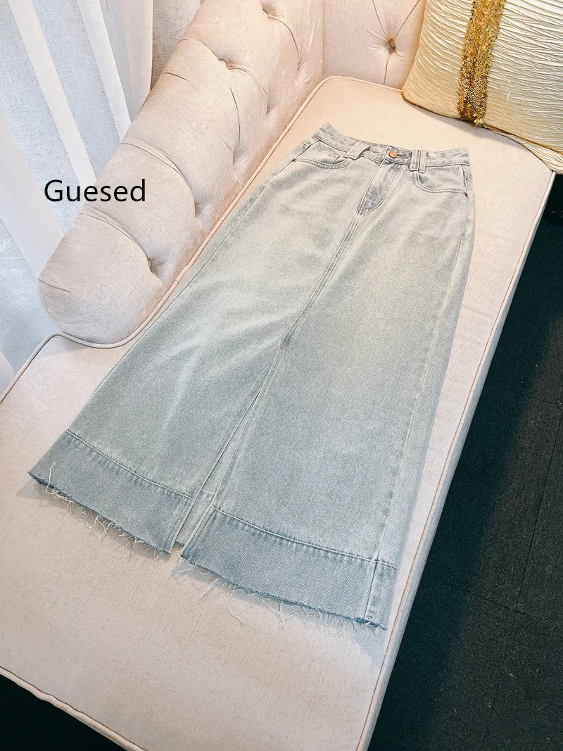 Women's Denim Long Skirt, 100% Cotton, A-Line, Vintage, Casual, High Waist, Ladies, Elegant, Top Quality, Light Blue, Summer