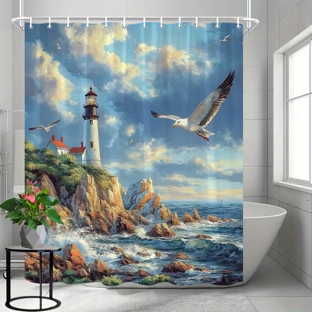 Coastal Lighthouse Shower Curtain, Beach Theme Shower Curtain with Blue Wooden Boats and Seagulls, Bathroom Decor with Hooks