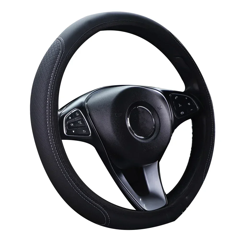 

Car Interior Steering Wheel Cover Gray Line Green Line Leather 37-38cm Anti Slip Breathable Car Accessories Cheap