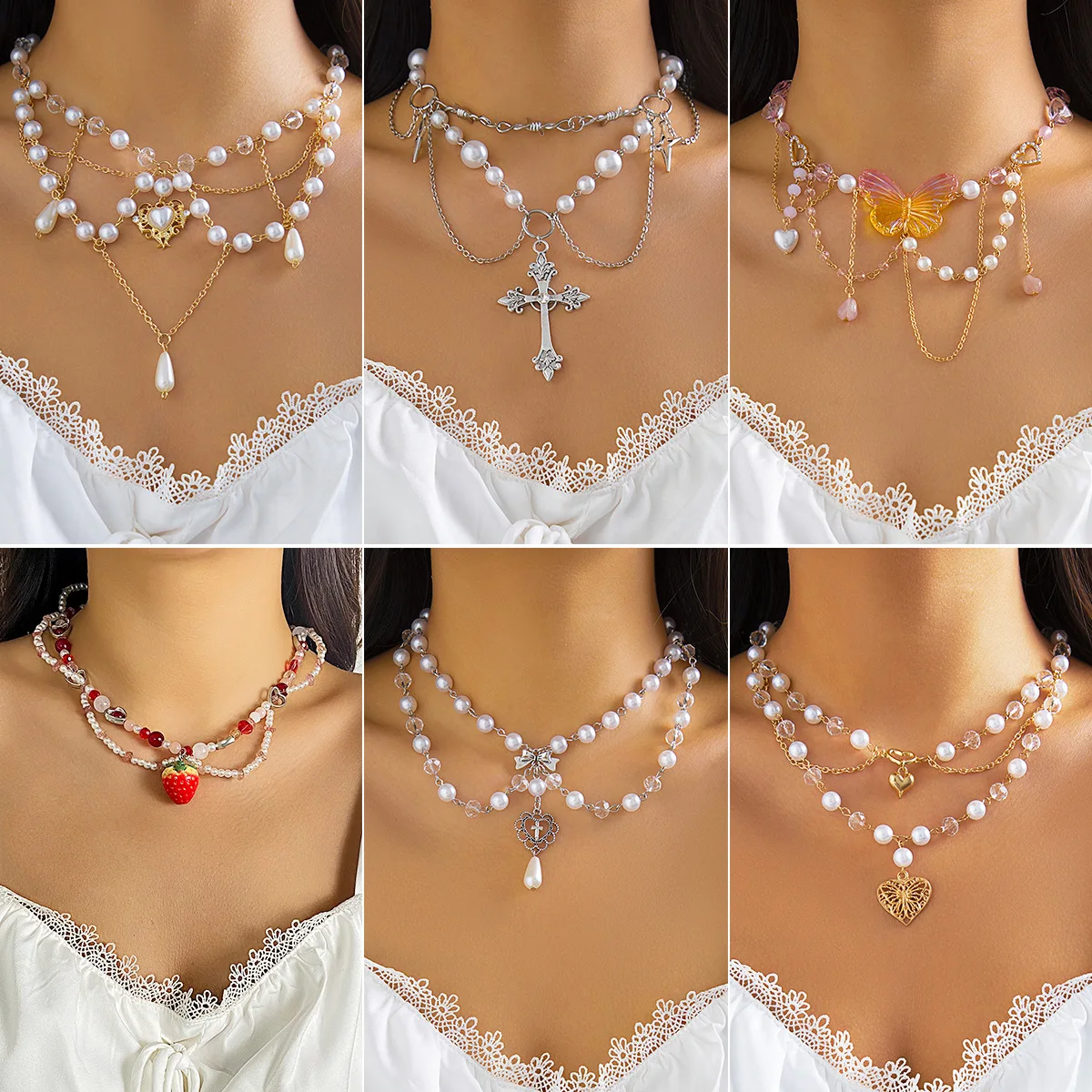 

Premium Faux Pearl Tassel Necklace Strawberry Butterfly Charm Cottagecore Vacation Style for Women Hot Girl