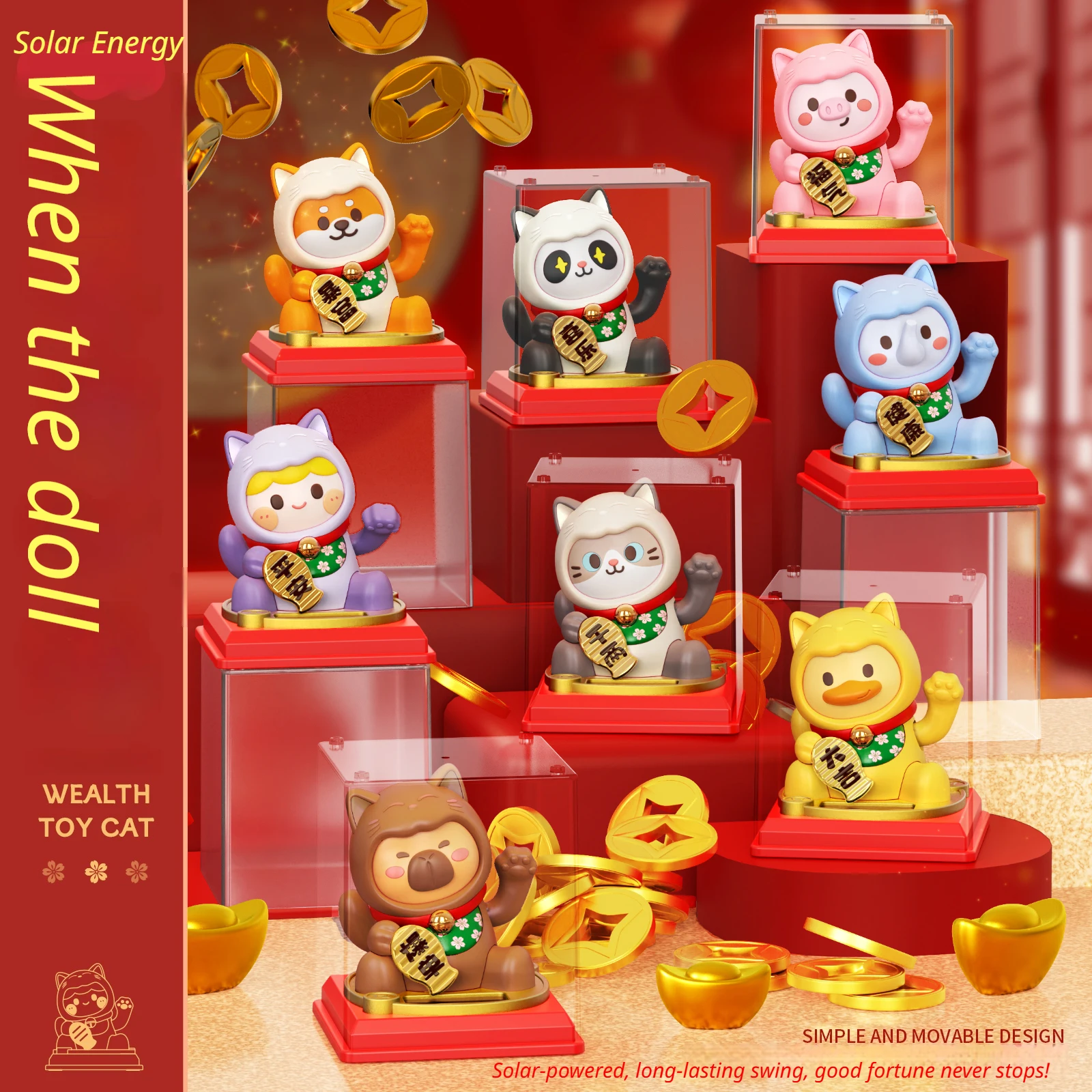 Solar Powered Lucky Cat Wealth Good Fortune Automatic Waving Hand Beckoning Fortune Cat Figurines for Office Home Car Decoration