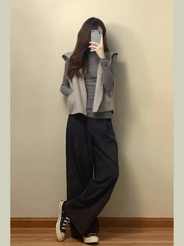 

Korean Sle Faion mat Hooded Woolen Vest Women's Autumn New High-End Loose Versatile Svel Jaet Trendy