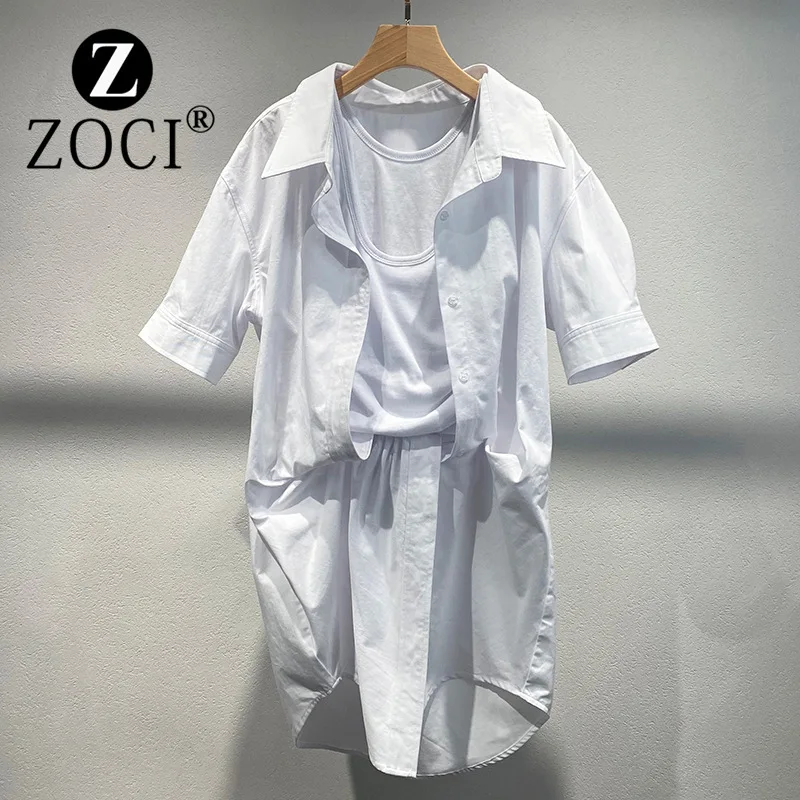 [zoci] Autumn Minority Summer White Vest Pleated Two Piece Versatile Slim Fit Shirt Dress Women New