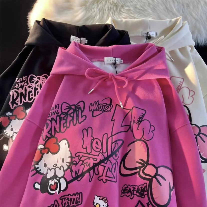 Anime Kawaii Sanrio Hello Kitty Fashionable Cartoon Women\'s Sweatshirt Y2K Spring Autumn New Coat Plus Velvet Thickened Top Gift