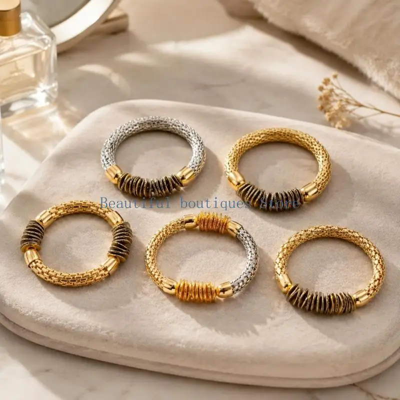 U4LF 5Pcs Bracelet Stack with Elastic Slip-On Construction, Mixed Band Textures, Gold-Tone and Silver-Tone Metal Disc Details,