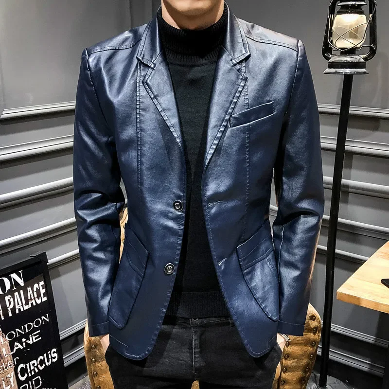 

Spring Autumn Mens Overcoat Faux Leather PU Motorcycle Jacket Male Cool Slim Boys Oversized Button Jacket 3xl 4xl Dark Blue Coat