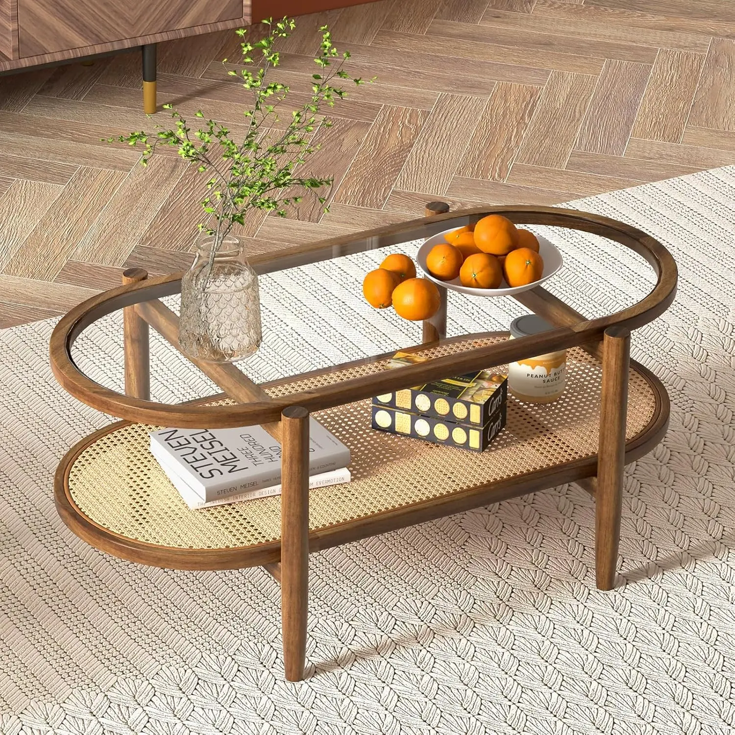 

Coffee Table, 2-Tier Oval Wood Tea Table W/Tempered Glass Tabletop & PE Rattan Storage Shelf,
