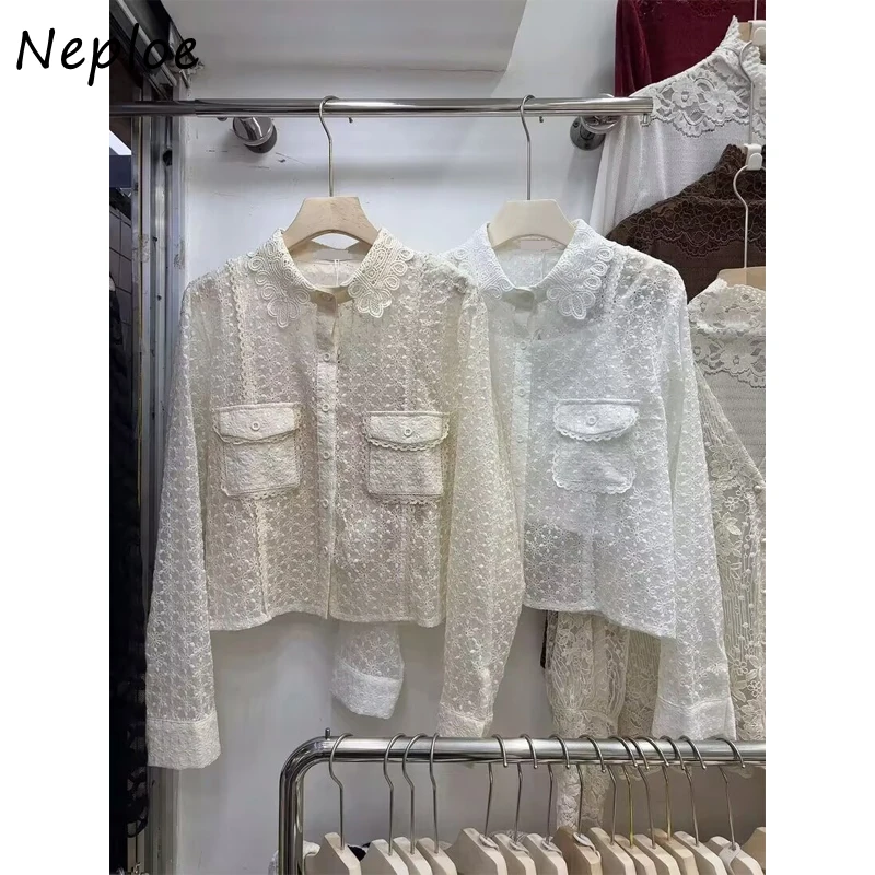 Neploe Vintage Temperament Lace Embroidered Shirt 2025 Spring Autumn Femme French Court Style Long Sleeve Lapel Pocket Blouses