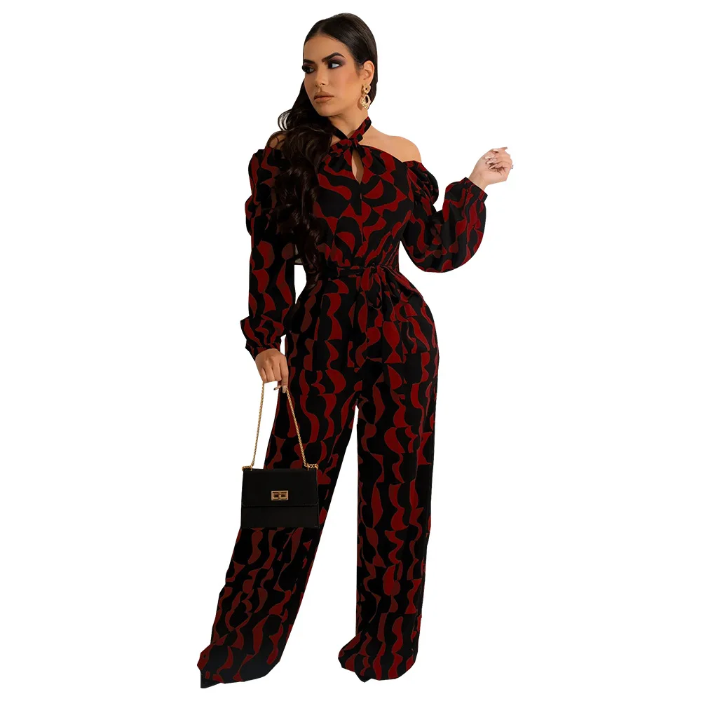 Women Printed Long Sleeve Halter Jumpsuit with Belt Women Rompers One Piece Overalls Night Club Outfits