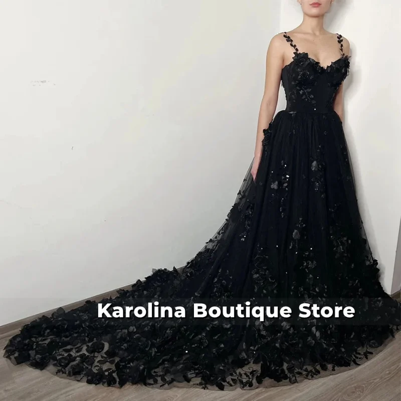 

Elegant Black Wedding Dress Spaghetti Straps Sweetheart 3D Flower Court Train Robe De Mariee A Line Gothic Bridal Gown for Bride