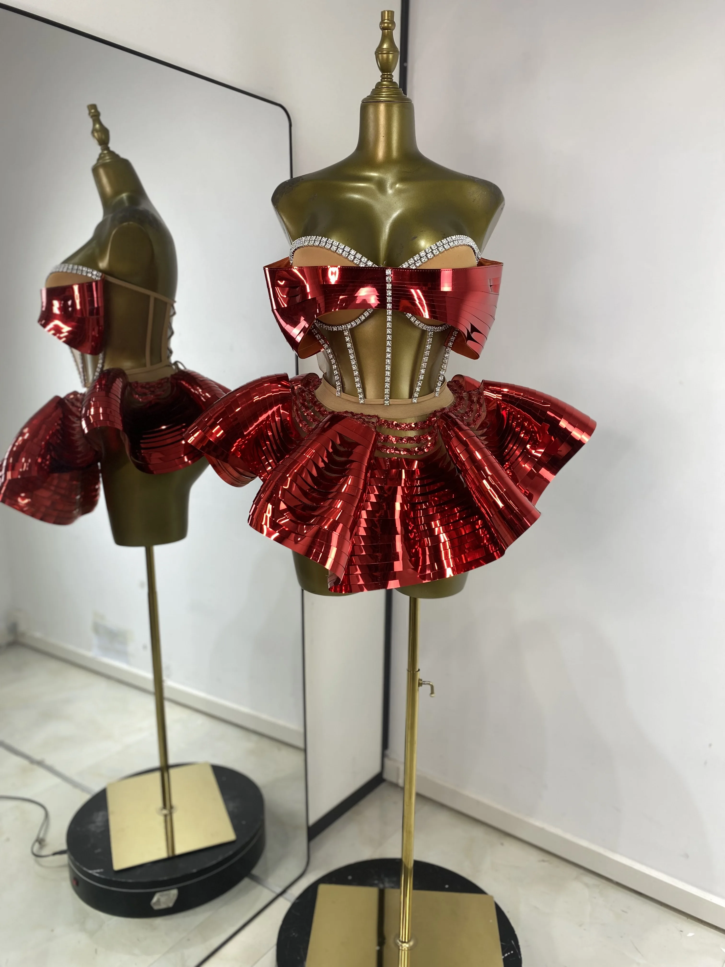 

Вечерние наряды для ночного бара Хотвайф, бюстье-корсет со стразами, топ и зеркальная мини-юбка, Y2K, клубные вечерние сценические костюмы