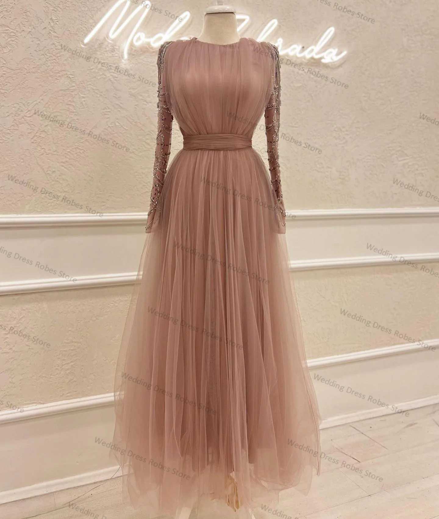 Crystals Prom Dress Brown Tulle A Line Evening Skirt With Belt Custom Made Lace Up Back Full Sleeves Party Gown Robe