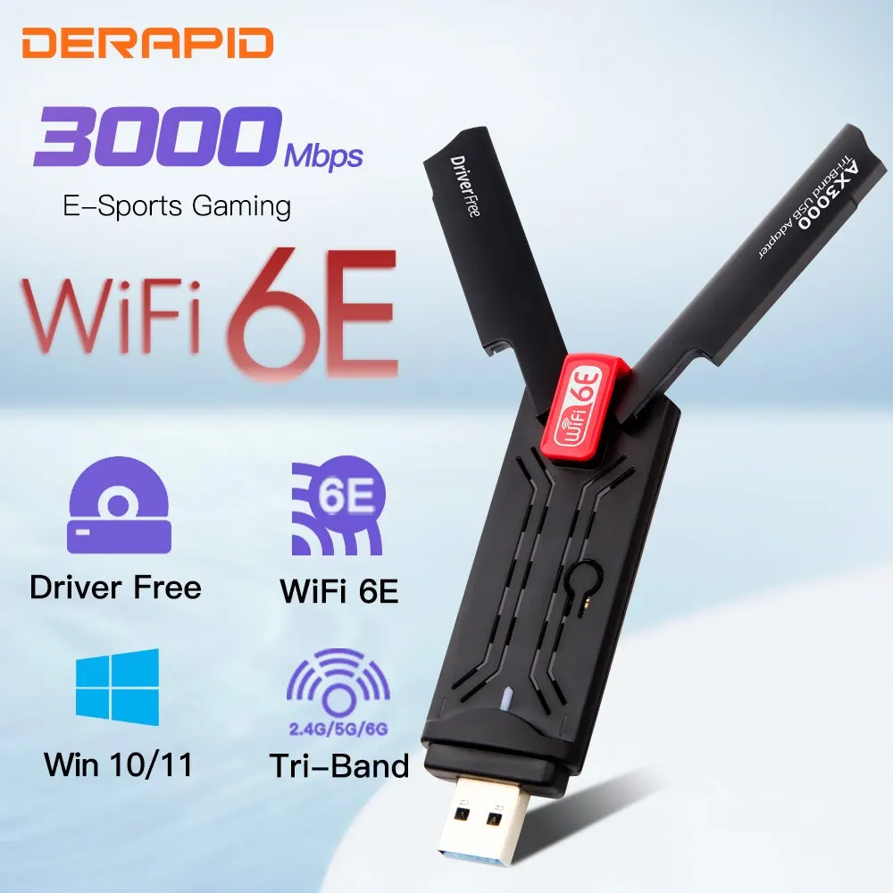 DERAPID WiFi 6E Adapter AX3000 USB 3.0 Triple Band Wireless Card Wi-Fi6E Receiver For PC/Laptop For Windows 10/11 Driver Free