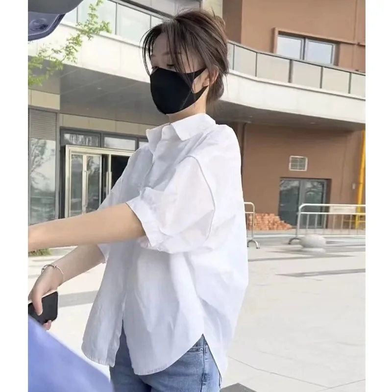 

White Short Sleeve Shirt for plus Size Women Fashionable Slimming Top Conceals Belly Flatters Plump MM Reduces Age Appearance