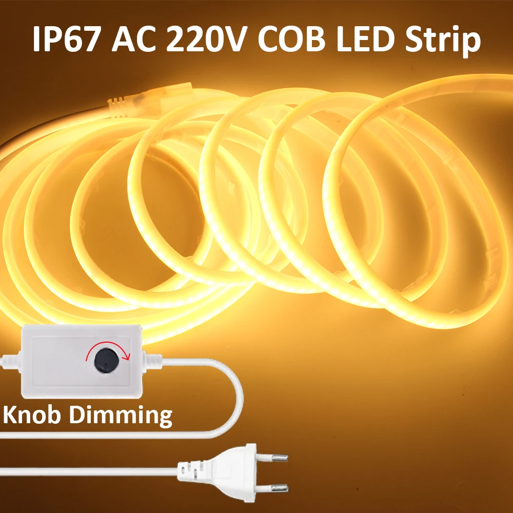 Dimmable 220V COB Led Strip Light with EU Power Kit IP67 Waterproof Flexible Ribbon 3000K 4000K 6000K Outdoor Garden Lighting