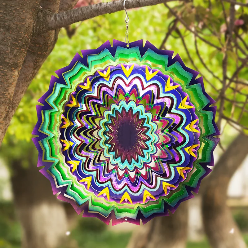 PSATHENAT Wind Spinner Mandala Lucky Star Purple Color 12in 3D Stainless Steel Art Geometric Pattern Hanging Yard Decorations