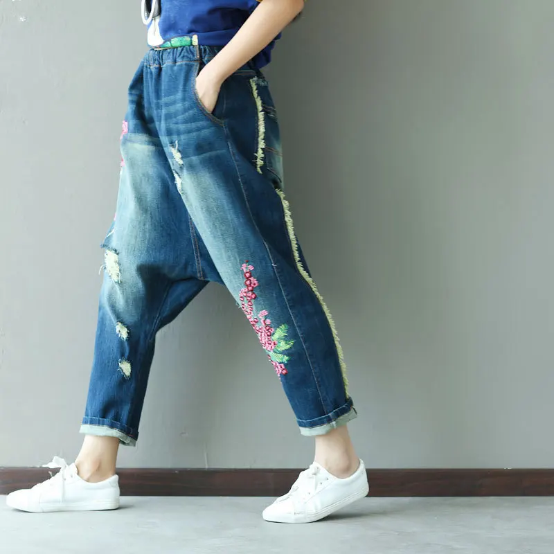 Baggy Jeans Women Embroidered Denim Harem Pants Drop Crotch Hip Hop Trousers 2024 Vintage Ripped  Hole High Waist Cross-pants