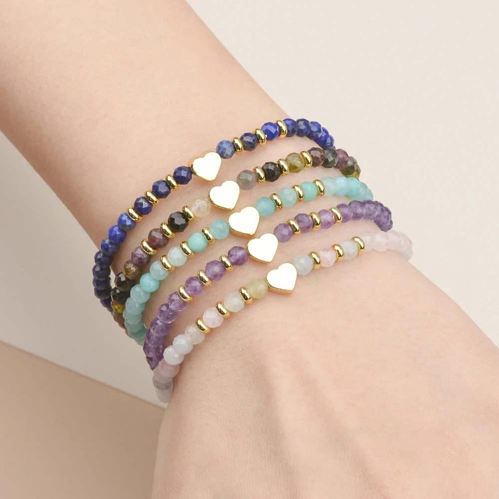 Wholesale 4MM Natural Stone Sunstone Lapis Amethyst Garnet Rose Quartz Faceted Rounds and Hematite Heart Bracelets For lady